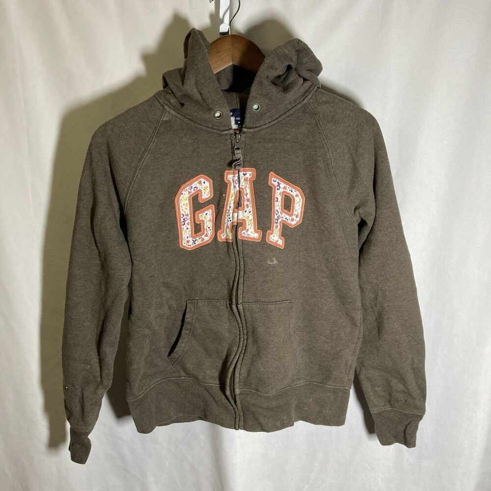 GAP heathered brown solid floral zip jersey knit hoodie M